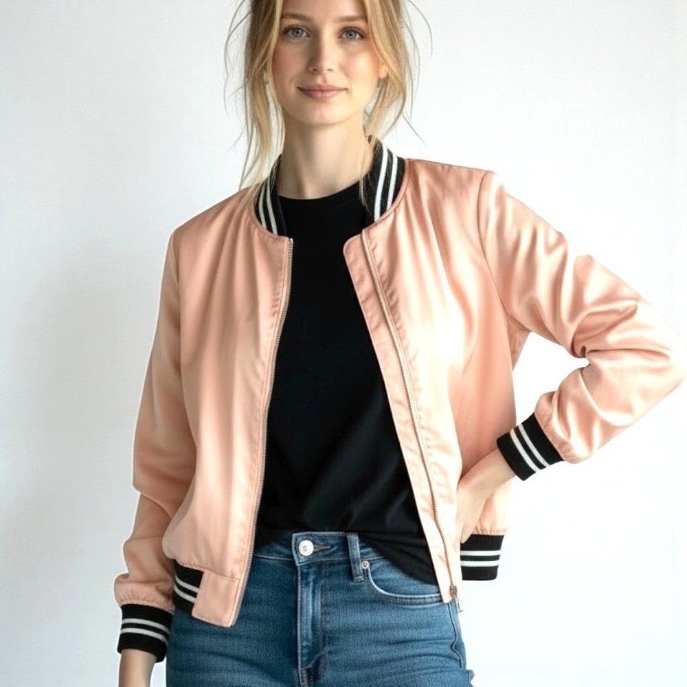Ashley by 26‎ International Pink Silk Blend Bomber Jacket Varsity Stripe Large